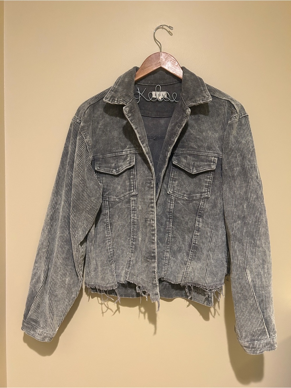 POL Women 100% Cotton Washed Gray Corduroy Crop Fray Jacket Size Small
